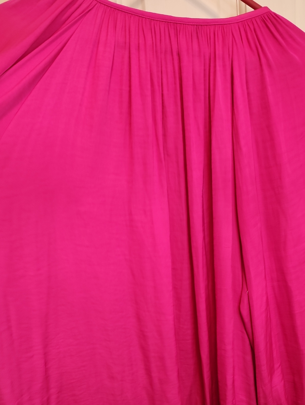 Jennifer Lopez JALO Hot Pink Tie-Neck V-neck Peasant Blouse Elastic Puffy Sleeve - Picture 7 of 12